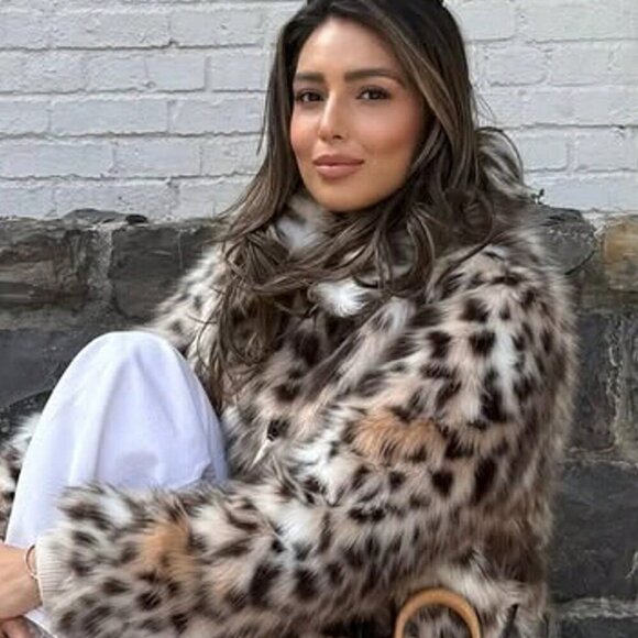 Brown Women's Elegant Leopard Print Faux fur  Side Pockets Coat - Picture 8 of 9